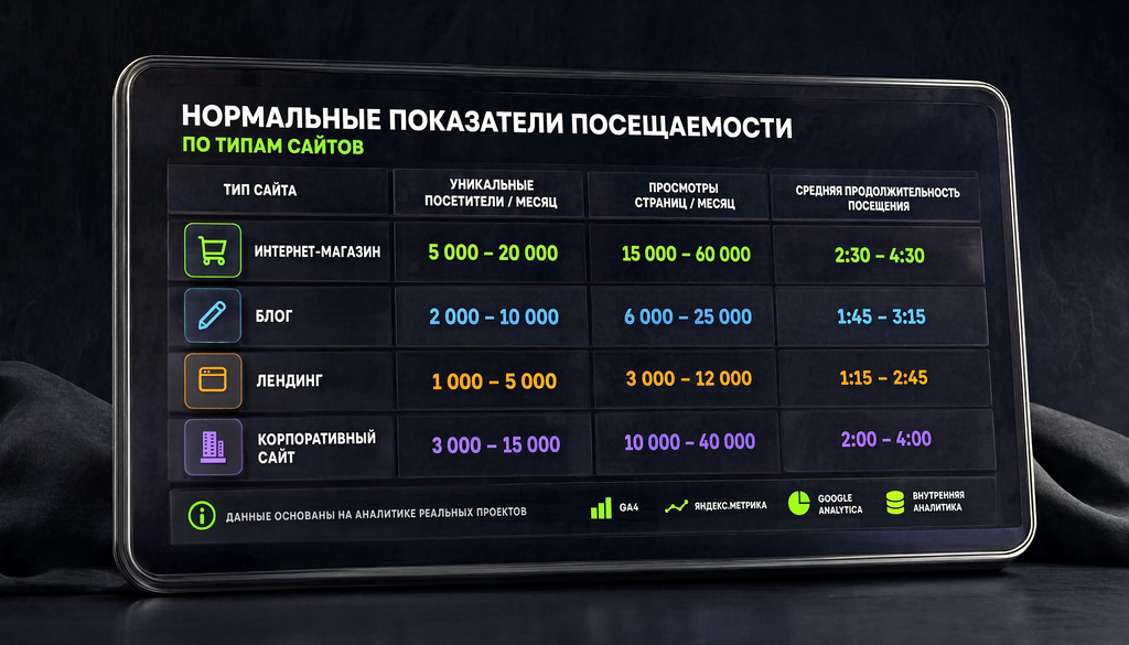 Шпаргалка по метрикам посещаемости: нормальные значения для интернет-магазина, блога, лендинга, корпоративного сайта и где смотреть.