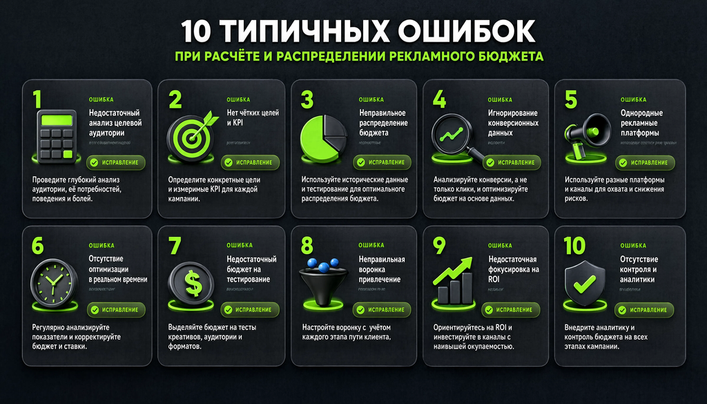 Infographic listing 10 typical mistakes in advertising budget calculation and distribution, with descriptions and correction methods, using cards with icons.