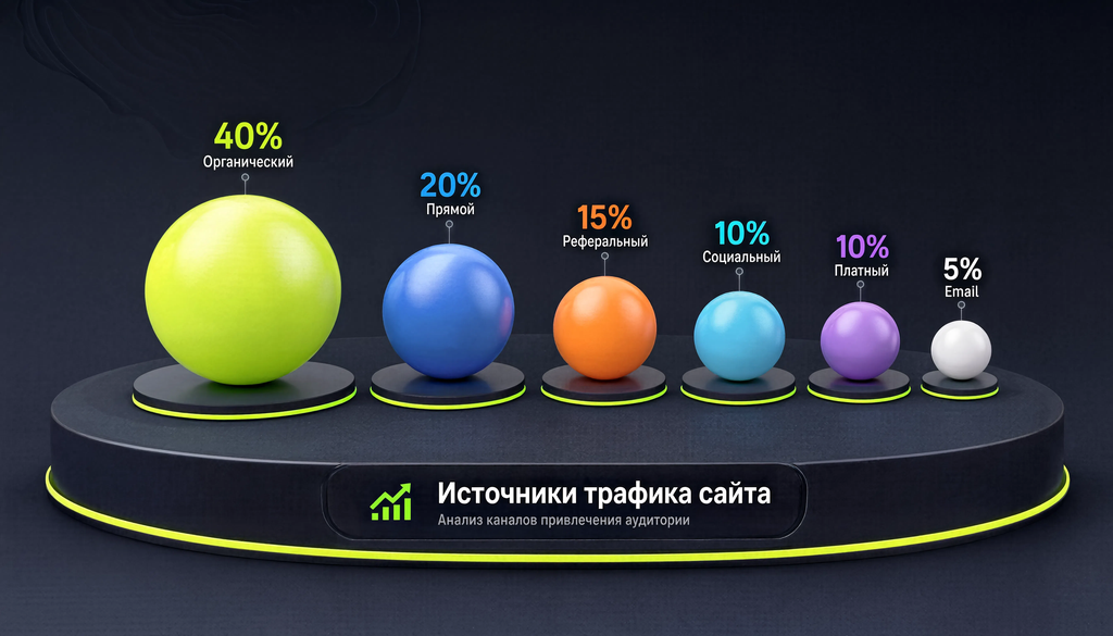 Структура источников трафика сайта: органический, прямой, реферальный, социальный, платный, email &mdash; с типичными долями по типам сайтов