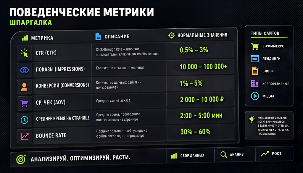 Шпаргалка по поведенческим метрикам: таблица с метриками, нормальными значениями по типам сайтов, где смотреть.