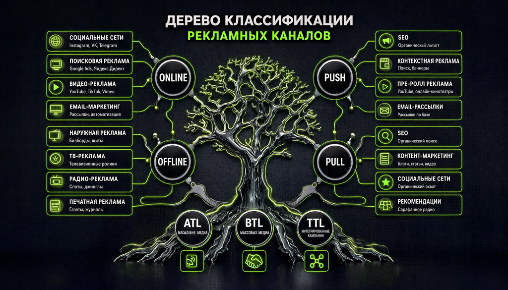 Классификация рекламных каналов: онлайн/офлайн, push/pull, платные/органические, ATL/BTL/TTL
