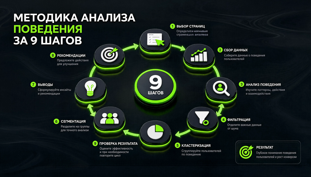 Схема методики анализа поведения за 9 шагов: от выбора страниц до проверки результата