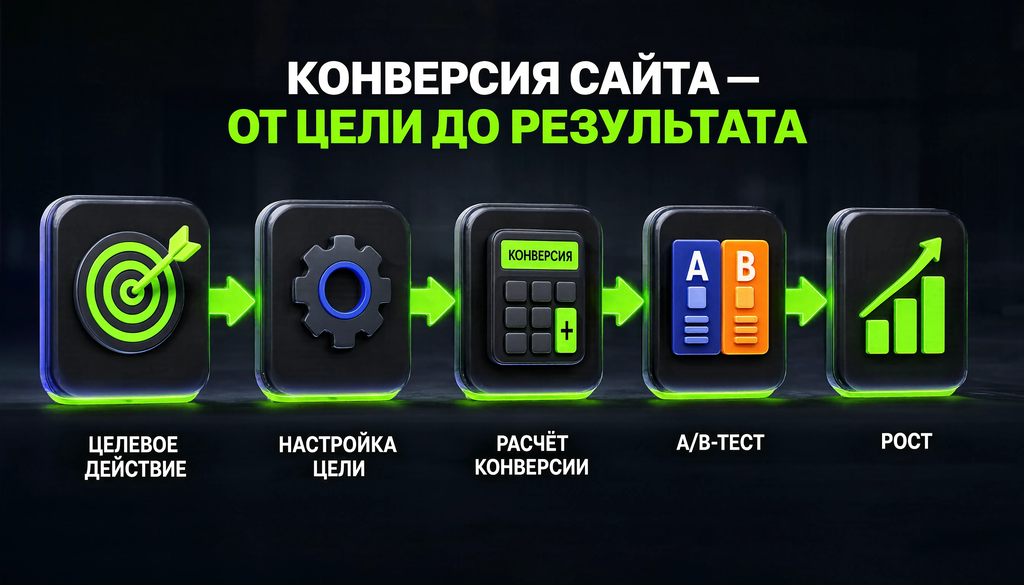 Схема конверсии сайта: от цели до результата. Целевое действие, настройка цели, расчёт конверсии, A/B-тест, рост.