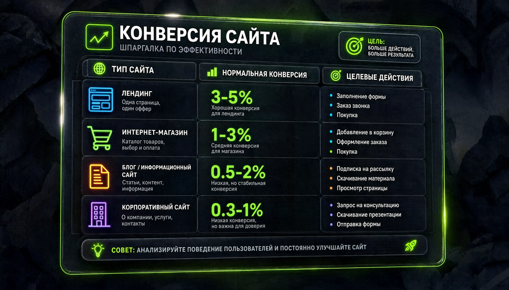 Шпаргалка по конверсии сайта: тип сайта, нормальная конверсия, целевые действия. Визуал помогает быстро оценить свой показатель.
