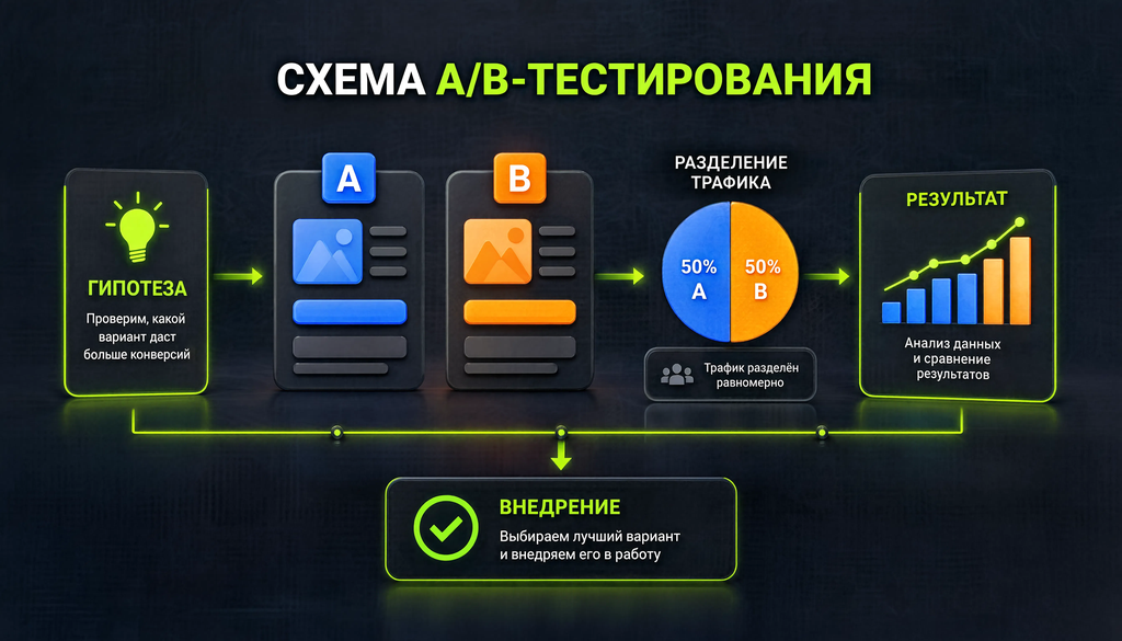 Схема процесса A/B-тестирования: гипотеза, варианты A и B, разделение трафика, результат, внедрение