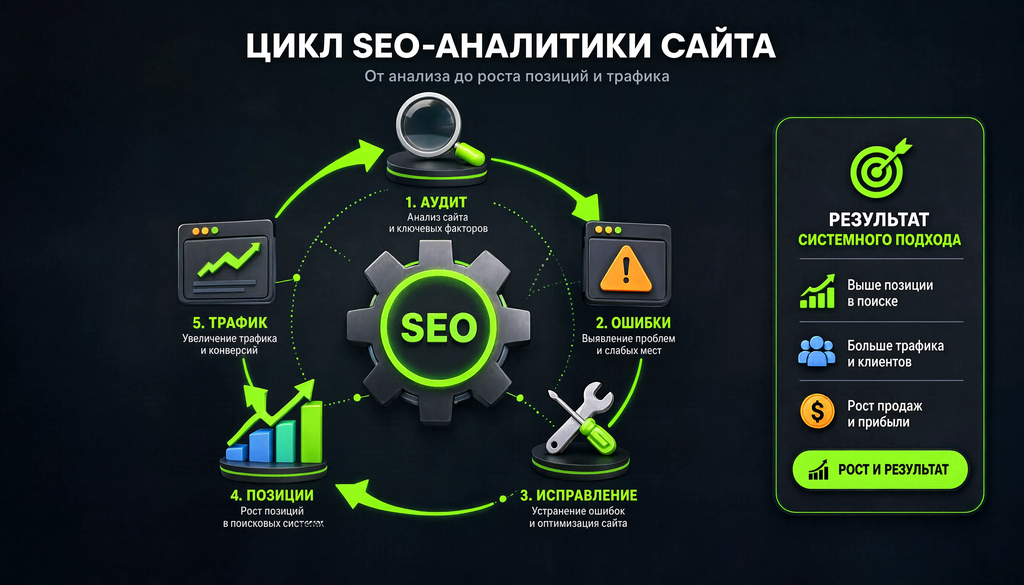 Цикл SEO-аналитики сайта: аудит, ошибки, исправление, позиции, трафик. Инфографика.