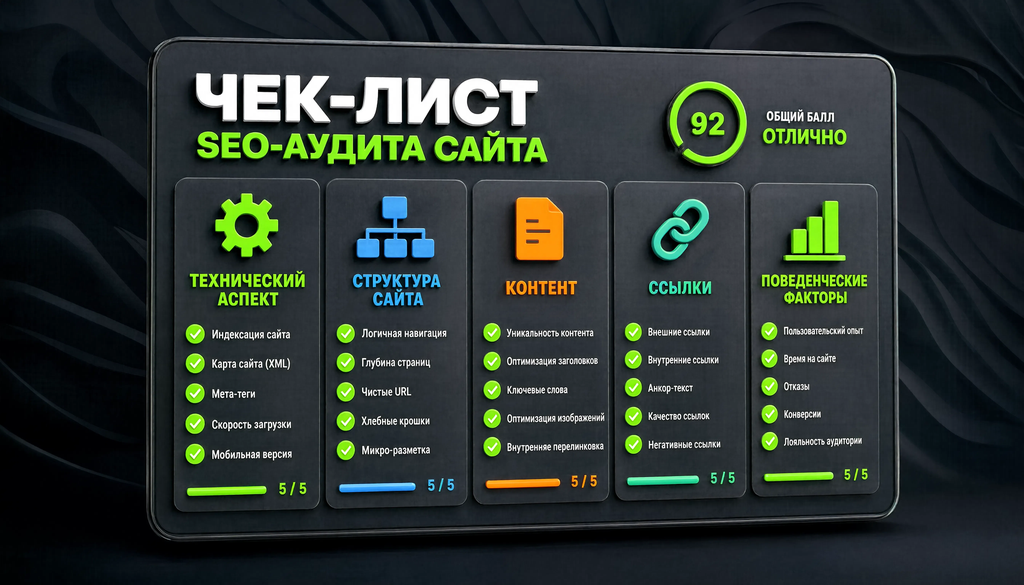 Чек-лист SEO-аудита сайта: технический, структура, контент, ссылки, поведенческие