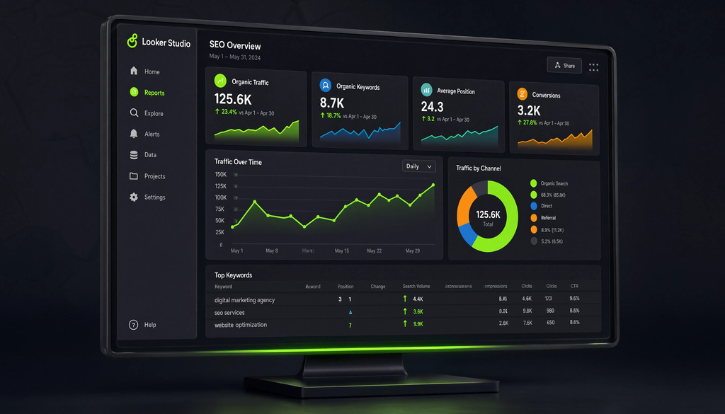 Screenshot of a Looker Studio SEO analytics dashboard showing traffic, positions, and conversions.