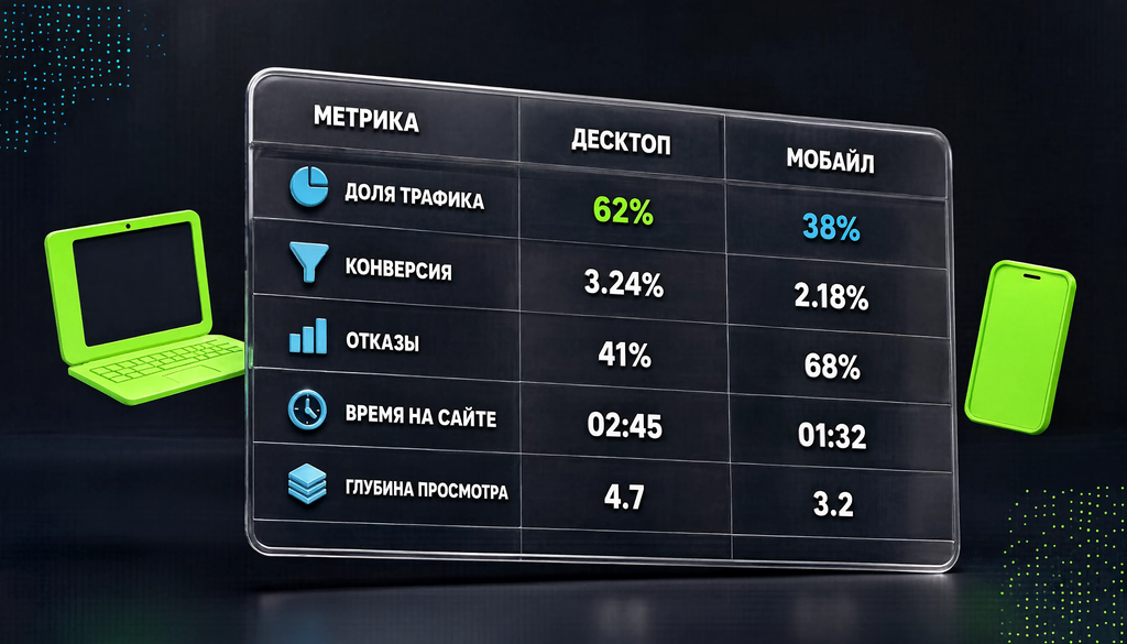 Сравнение метрик десктоп и мобайл: доля трафика, конверсия, отказы, время, глубина просмотра.