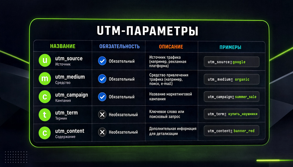 Шпаргалка по UTM-параметрам: таблица с названием, обязательностью, описанием и примерами.