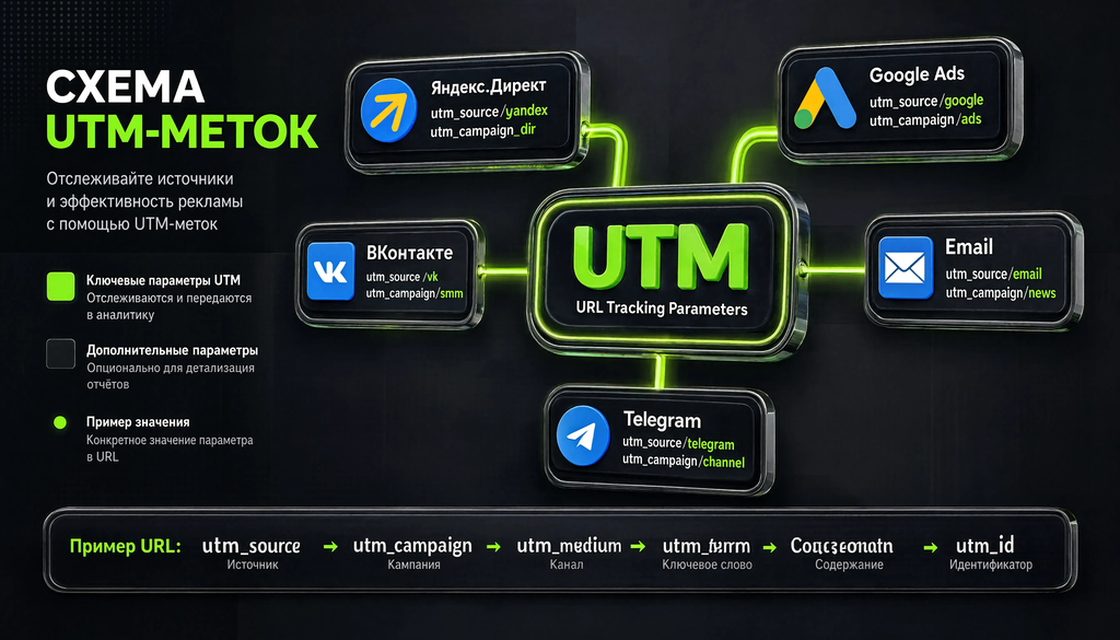 Шаблоны UTM-меток по источникам трафика: Директ, Google Ads, ВК, email, Telegram. Быстрая справка.