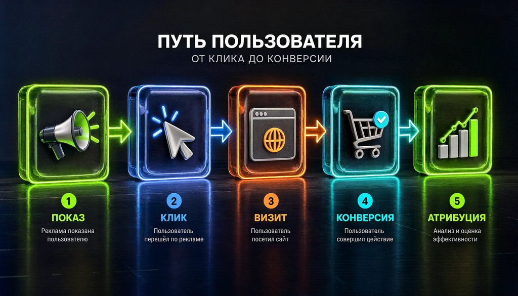 Путь от рекламного клика до конверсии: показ, клик, визит, конверсия, атрибуция. Инфографика.