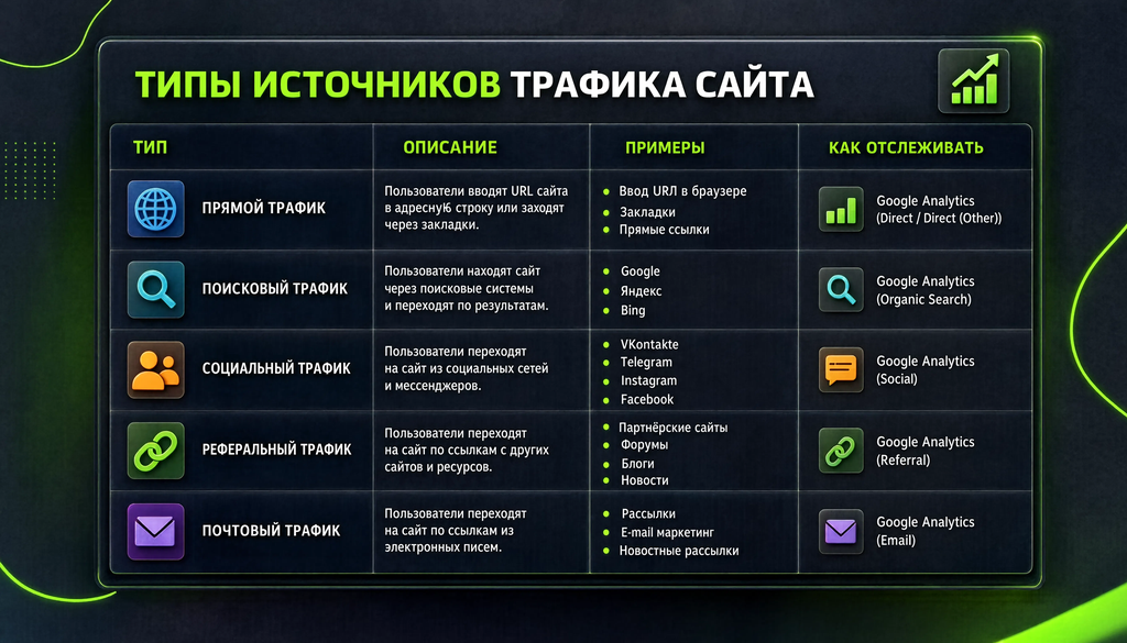 Таблица типов источников трафика сайта: тип, описание, примеры, как отслеживать. Быстрая справка.