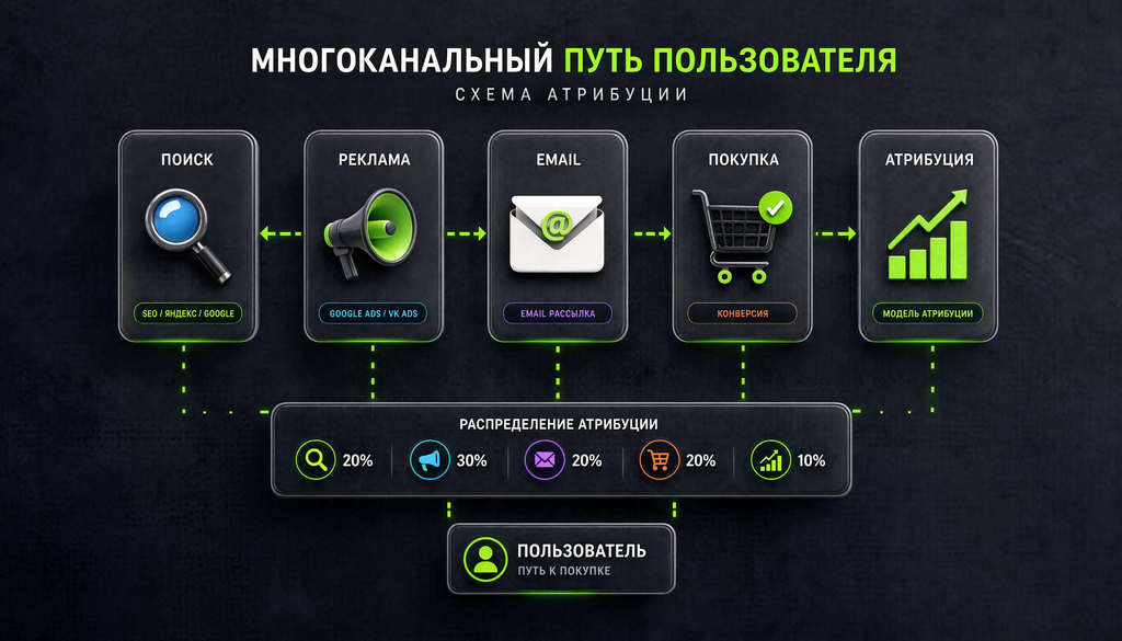 Схема многоканального пути пользователя: поиск, реклама, email, покупка с атрибуцией