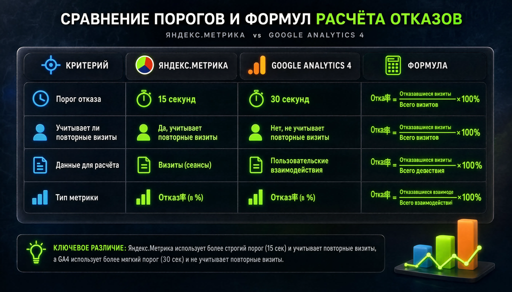 Table comparing bounce rate calculation criteria thresholds and formulas between Yandex Metrika and Google Analytics 4.