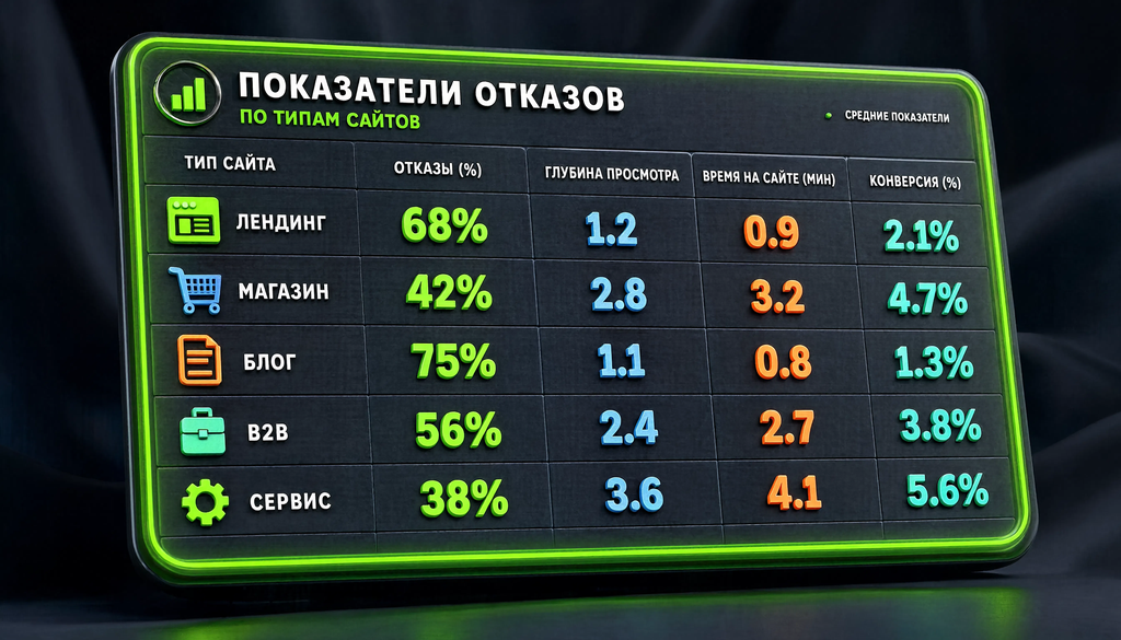 Таблица норм показателя отказов для типов сайтов: лендинг, магазин, блог, B2B, сервис. Быстрая справка.