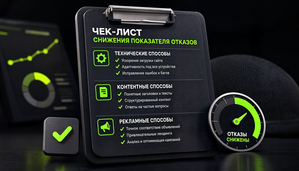 Чек-лист снижения показателя отказов &mdash; технические, контентные и рекламные способы. Визуал структурирует процесс.