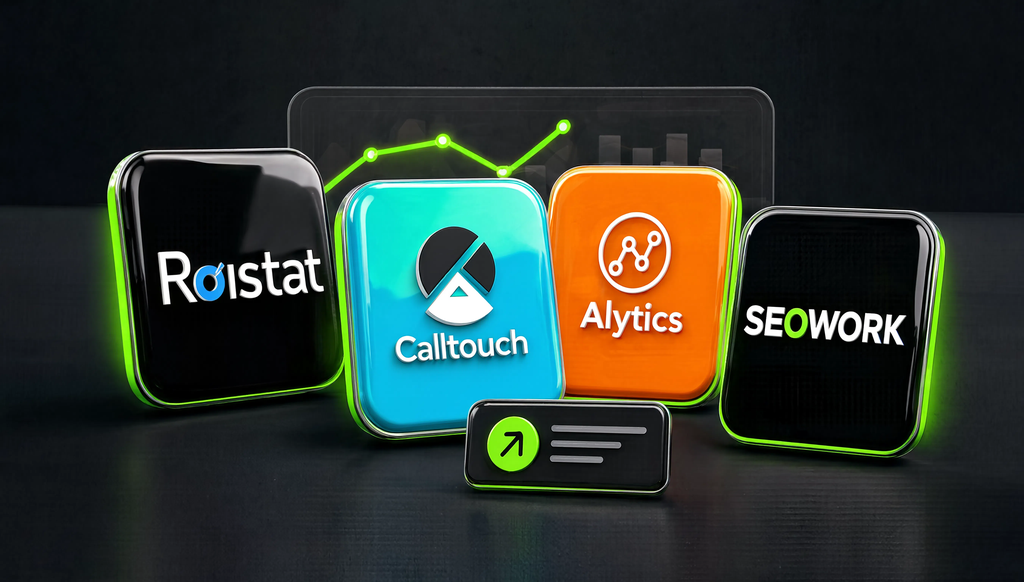 Обзор сервисов сквозной аналитики Roistat, Calltouch, Alytics, SEOWORK. Визуал для выбора.