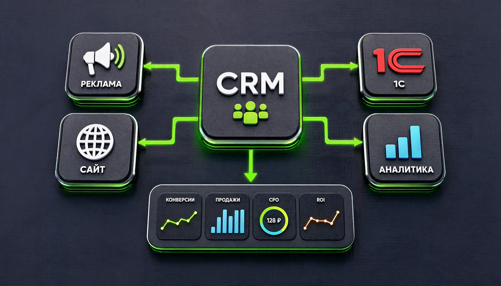 Схема интеграции CRM в сквозную аналитику: связи между рекламой, сайтом, CRM, 1С и сервисом аналитики.
