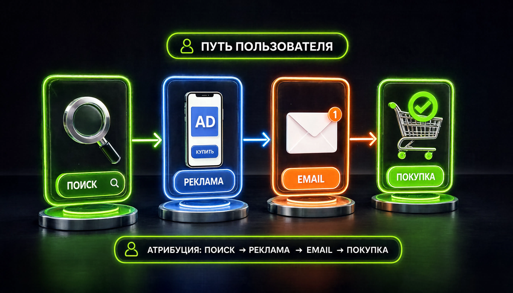 Как модели атрибуции засчитывают конверсию: поиск, реклама, email и покупка. Инфографика о разных моделях атрибуции.