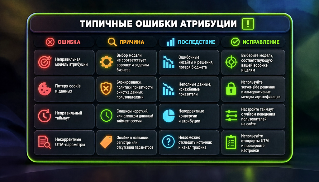 Таблица типичных ошибок атрибуции: ошибка, причина, последствие, как исправить