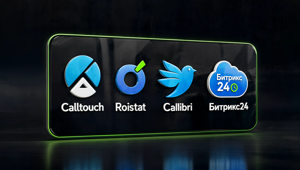 Сравнительная иллюстрация сервисов отслеживания звонков: Calltouch, Roistat, Callibri, Битрикс24. Помогает выбрать подходящий сервис.