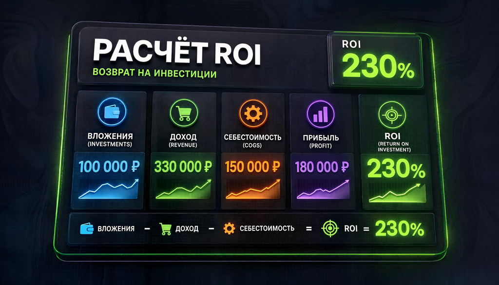 Таблица с примером расчёта ROI: вложения, доход, себестоимость, прибыль и ROI