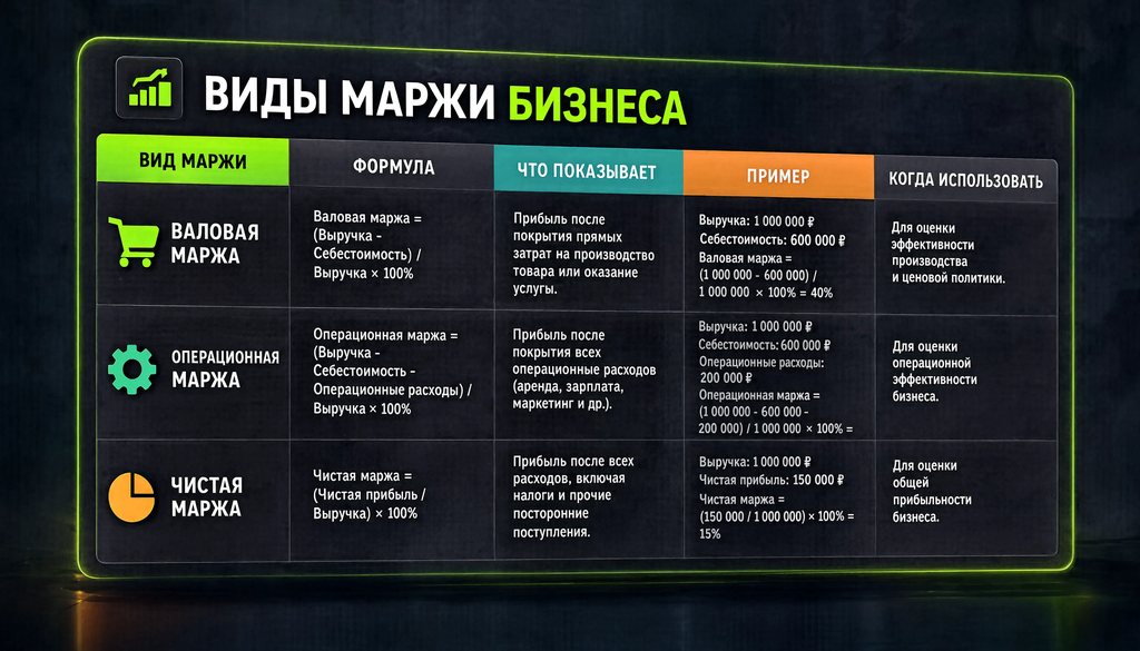 Виды маржи бизнеса — формула, что учитывает, пример. Визуал структурирует.