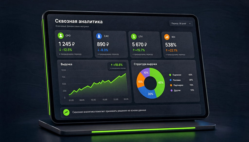 Скриншот дашборда финансовых метрик сквозной аналитики: CPO, CAC, LTV, ROI, выручка