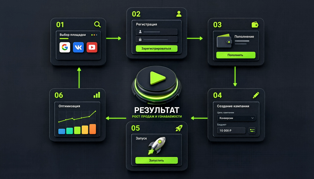 6 steps to order online advertising: choose platform, register, top up, create campaign, launch, optimize