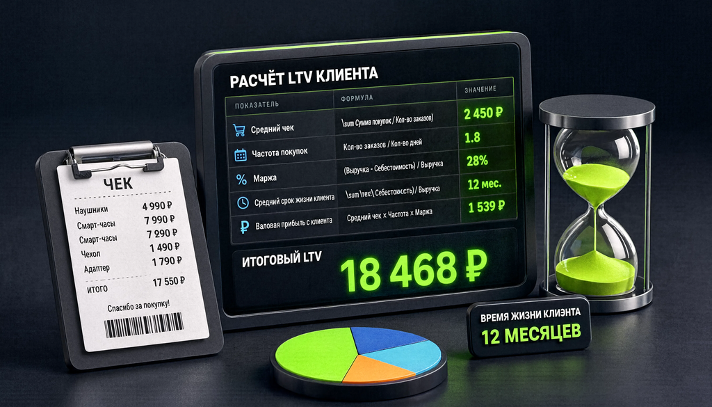 Расчёт LTV клиента: чек, покупки, время жизни, результат