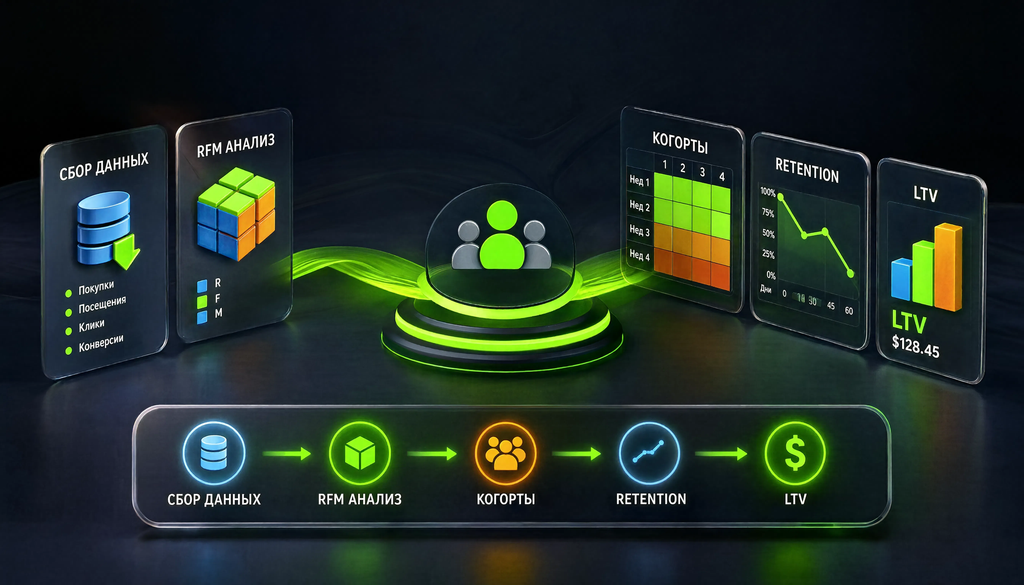 Infographic showing steps to analyze customer base: data collection, RFM analysis, cohorts, retention, and LTV.