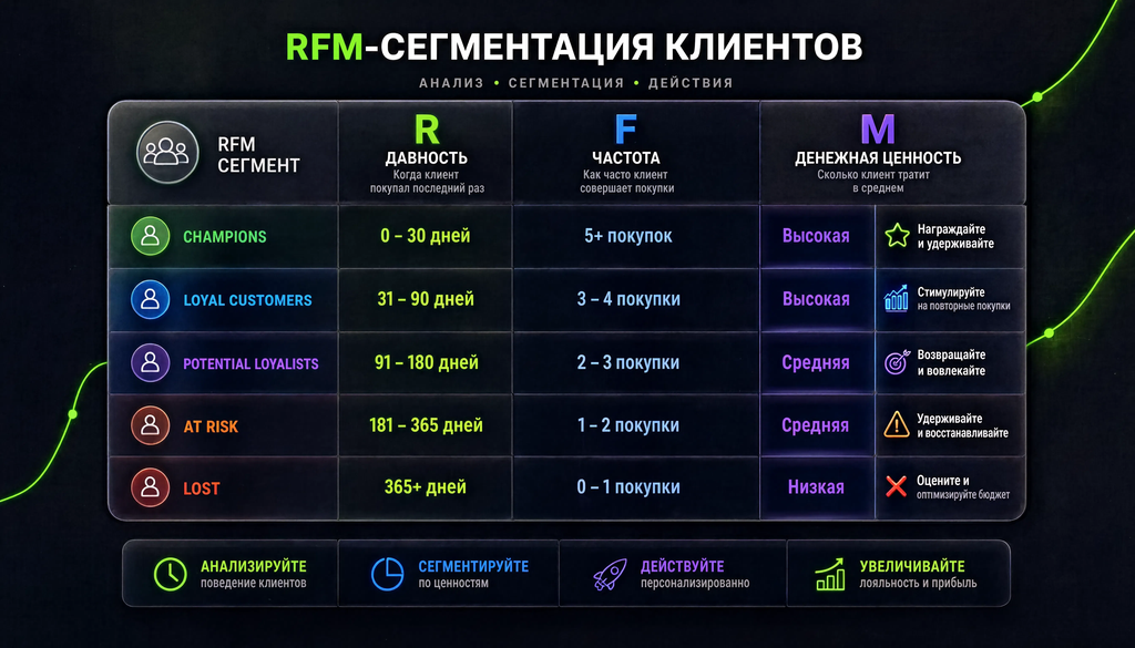 Таблица RFM-сегментации клиентов: показатели R, F, M и действия для каждого сегмента. Структурированный визуал.