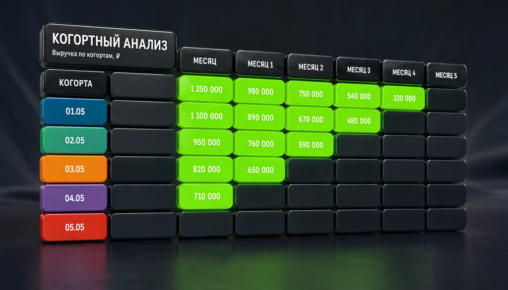Cohort analysis showing audience revenue by month with churn indicated