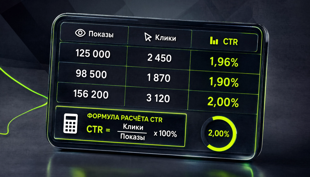 Формула расчёта CTR: показы, клики, CTR. Наглядный расчёт в таблице.