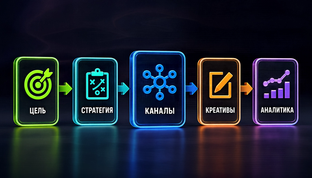 Структура digital-кампании: цель, стратегия, каналы, креативы, аналитика, соединённые стрелками