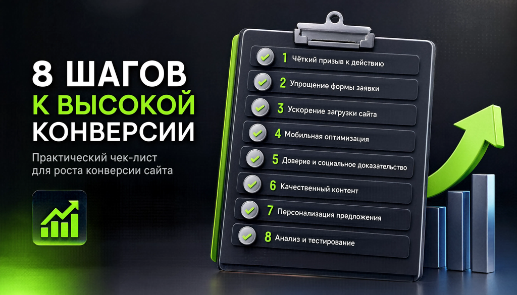 Чек-лист из 8 пунктов по повышению конверсии сайта, структурированный визуал