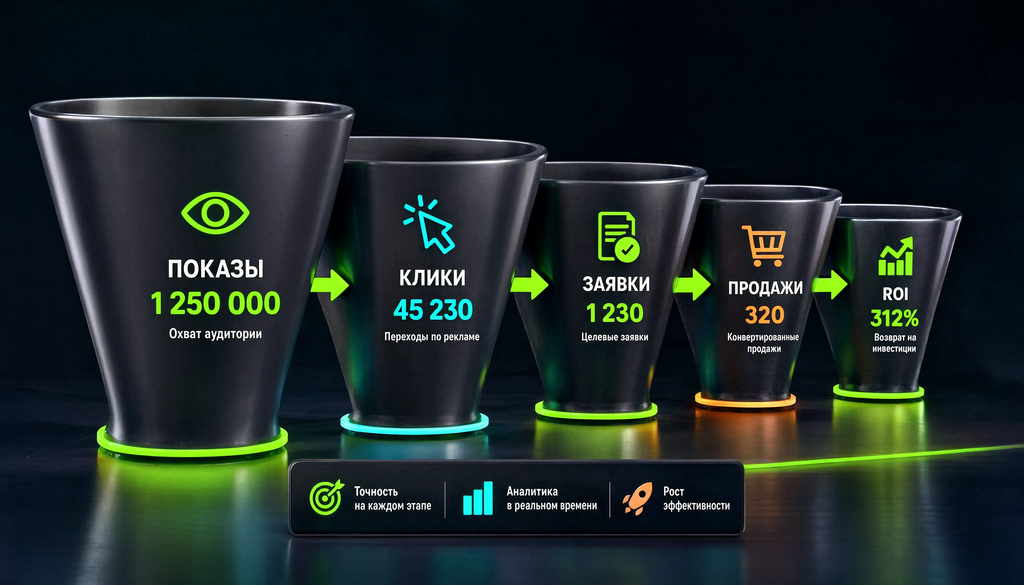 Инфографика метрик эффективности рекламы на каждом этапе воронки: показы, клики, заявки, продажи, ROI