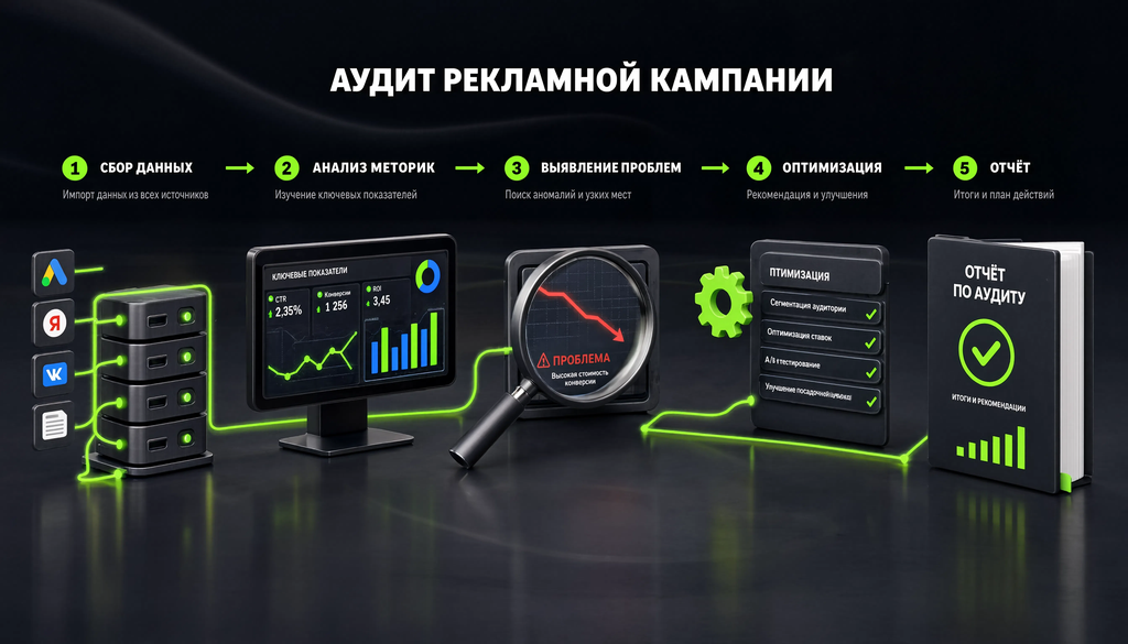 Инфографика этапов аудита рекламной кампании: сбор данных, анализ метрик, выявление проблем, оптимизация, отчёт