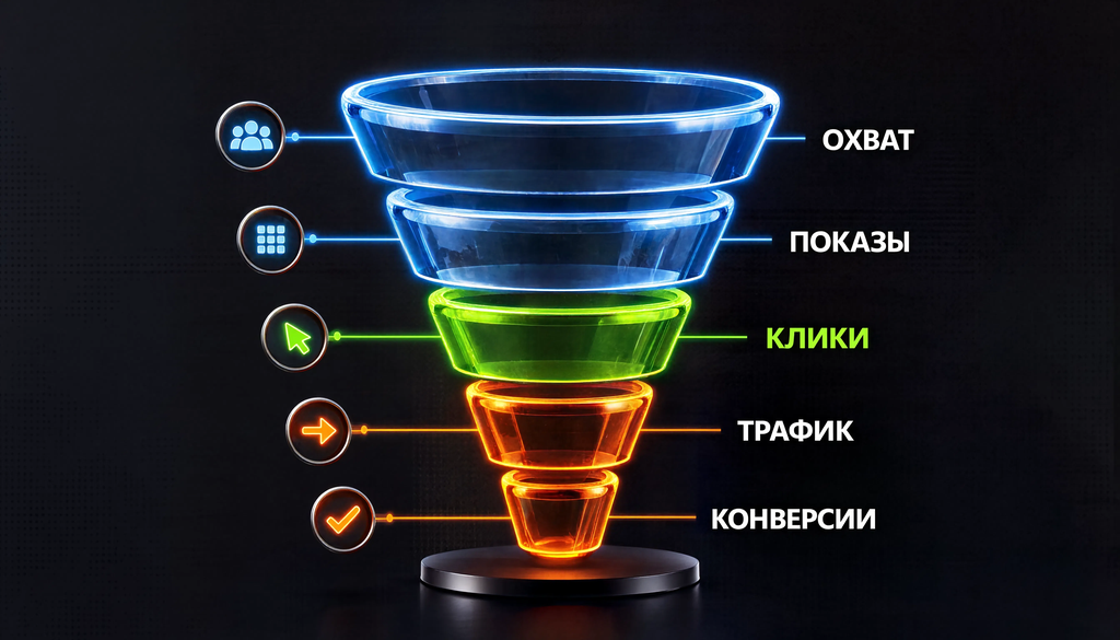 Инфографика воронки продаж: охват, показы, клики, трафик, конверсии