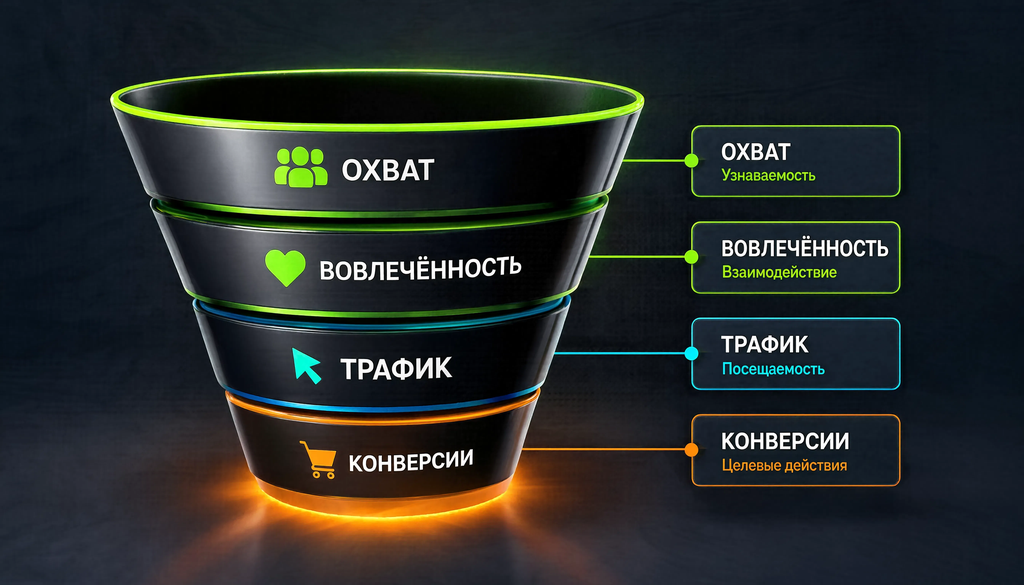Infographic of SMM metrics funnel showing stages: Reach, Engagement, Traffic, Conversions.