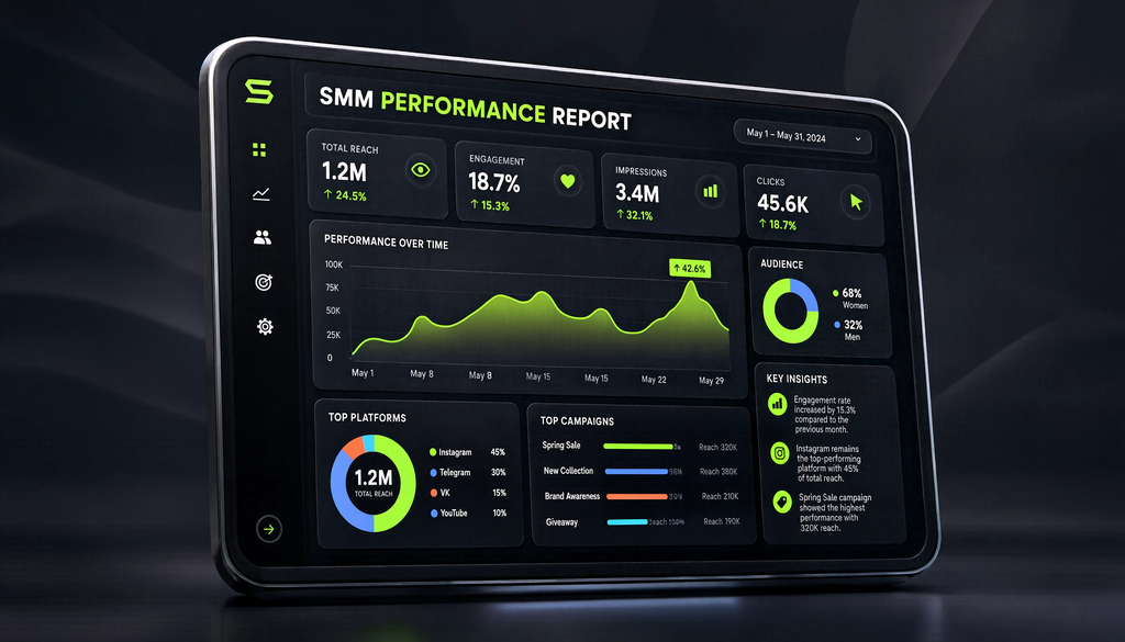 Screenshot of an SMM efficiency report showing metrics, graphs, and conclusions