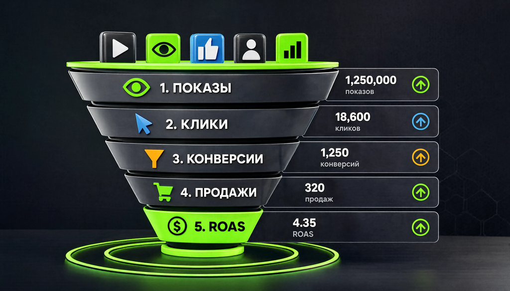 Воронка performance-маркетинга: пять этапов с метриками - показы, клики, конверсии, продажи, ROAS