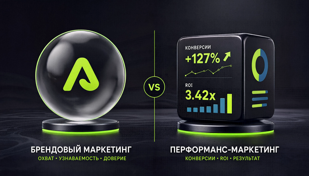 Инфографика, сравнивающая перформанс-маркетинг и брендовый маркетинг: бренд - охват и узнаваемость, перформанс - конверсии и ROI