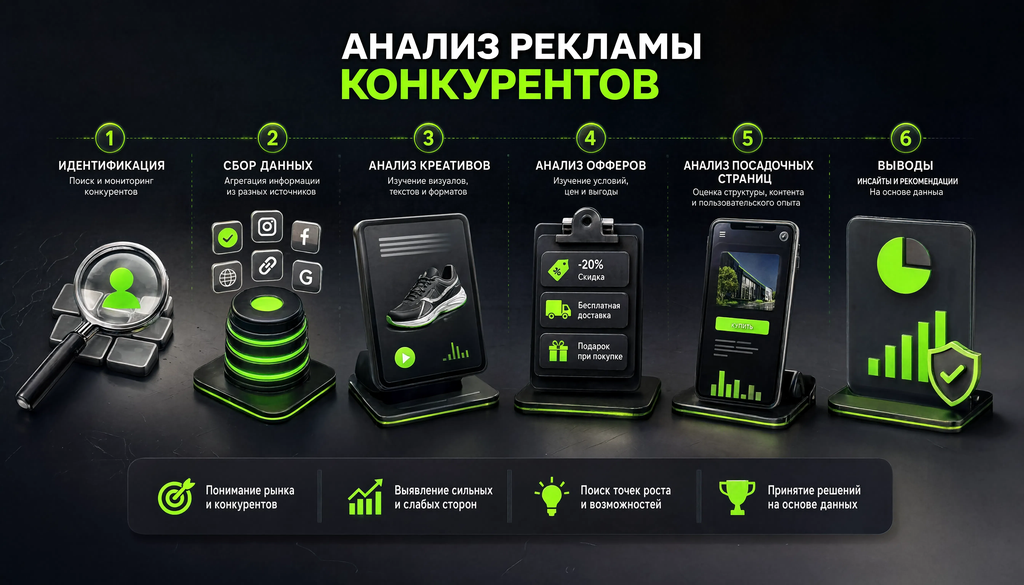 Инфографика процесса анализа рекламы конкурентов: идентификация, сбор данных, анализ креативов, офферов, посадочных, выводы