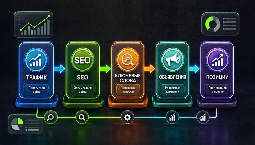 Инфографика: что анализируют сервисы &mdash; трафик, SEO, ключевые слова, объявления, позиции. Охват данных.