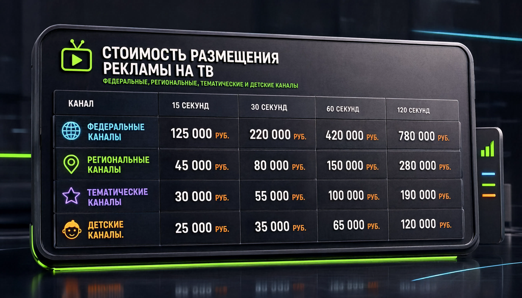 Сравнительная иллюстрация стоимости рекламы на ТВ: региональное против федерального, прайм-тайм против оф-прайм