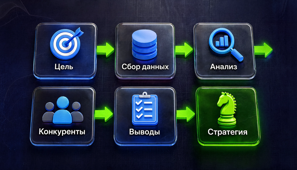 Инфографика этапов анализа рынка: цель, сбор данных, анализ, конкуренты, выводы, стратегия.