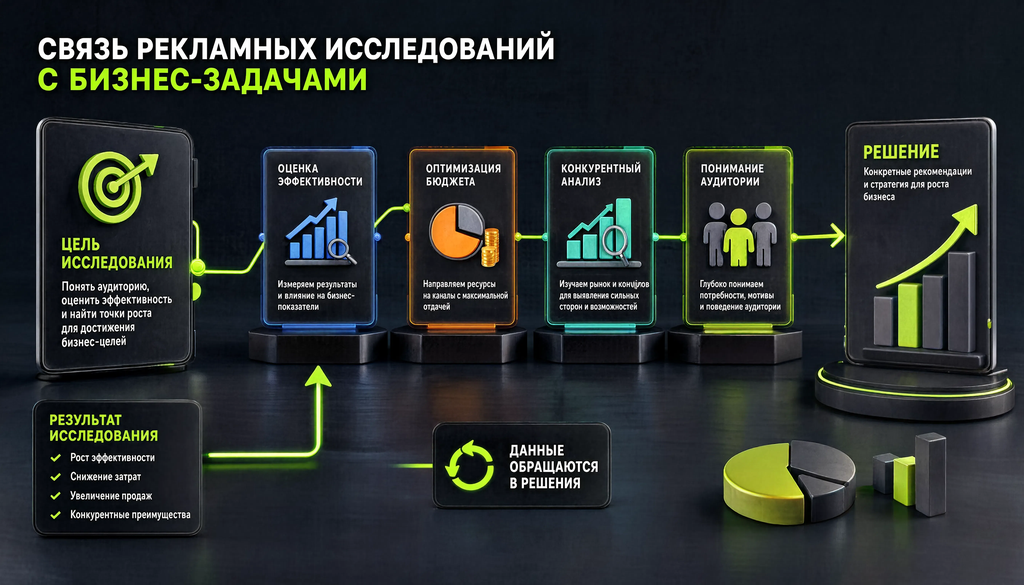 Схема связи рекламных исследований с бизнес-задачами: оценка эффективности, оптимизация бюджета, конкурентный анализ, понимание аудитории