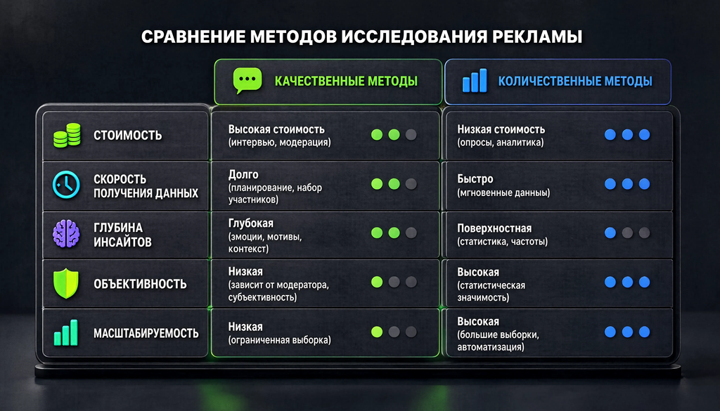 Сравнительная таблица качественных и количественных методов исследования рекламы по критериям: стоимость, скорость получения данных, глубина инсайтов, объективность, масштабируемость